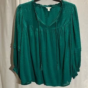Christmas green clip dot peasant blouse
